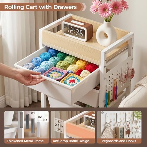 6 Tier Rolling Cart with Drawers, Plastic Drawer Storage Craft Cart with Pegboards & Hooks, Metal Utility Cart with Wheels & Wooden Tabletop, Classroom Office Art Supply Organizers and Storage, White - Image 5