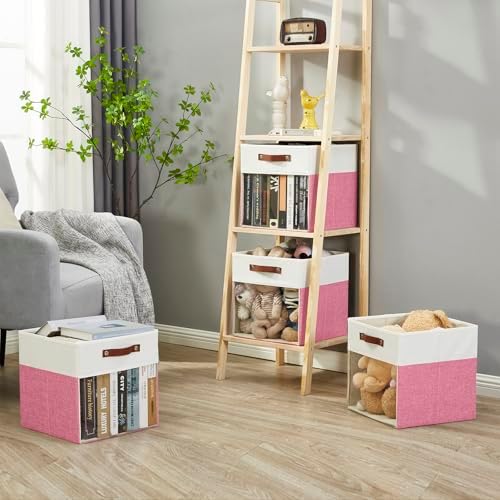 Bagnizer Storage Cubes, 4 Pack Linen Foldable Storage Bins (13 x 13 inch) with Clear Window and Handles, Fabric Organizer for Shelf Closet, Clothes, Books - (Pink and White) - Image 6