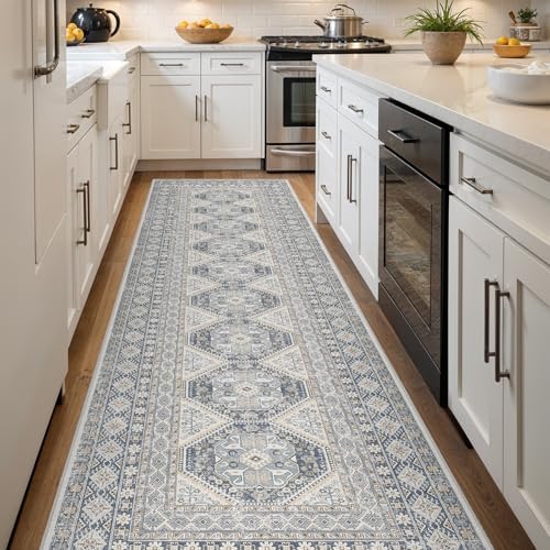 Ksrau 3x12 Runner Rug Washable Vintage: Non Slip Hallway Runners Blue - Image 2