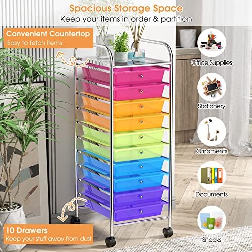 MEDIMALL 10 Drawers Rolling Storage Cart, Multipurpose Craft Storage Cart with Wheels, Mobile Tools Scrapbook Paper Organizer Cart for Office School Home Use (Rainbow) - Image 4