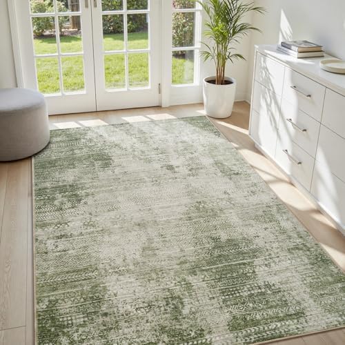 3 x 5 Rug Small Non Slip Machine Washable Rug Distressed Abstract Soft Indoor Carpet Neutral Boho Rug for Bedroom Living Room Entryway Kitchen Bedside, Green - Image 3
