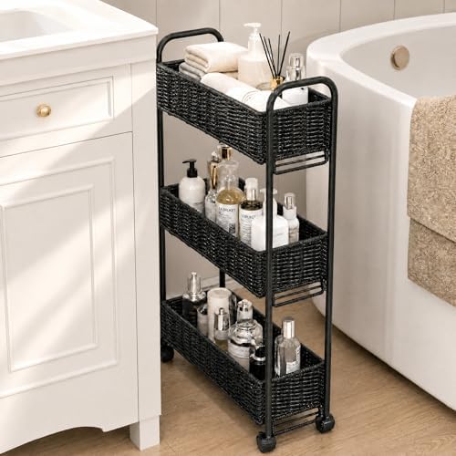 FOCHIER F Utility Slim Storage Cart,3-Tier Rolling Kitchen Office Laundry Room Cart,Mobile Shelving Unit Organizer for Living Room Bathroom Baby Diaper Narrow Places (Black, 3 Tiers-7.1 inch (W)) by FOCHIERF