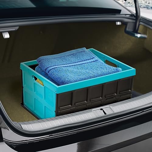 Glad Collapsible Storage Bin with Lid - 48L Foldable Plastic Box for Garage, Car Trunk, and Organization - Stackable Lidded Container with Handles, Turquoise - Image 5