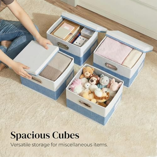 PRANDOM Storage Bins with Lids [3-Pack] Linen Fabric Foldable Storage Boxes Organizer Containers Baskets Cube with Cover for Bedroom Closet Office Blue&White（11.4X8.6X6.7 - Image 2