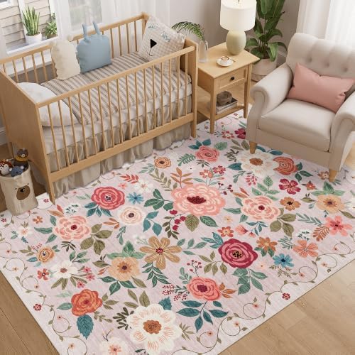 DUKINO 5x8 Area Rug for Bedroom, Soft Floral Washable Rug Non Slip, Beige - Image 3