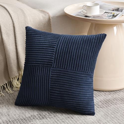Fancy Homi 2 Packs Navy Blue Decorative Throw Pillow Covers 16x16 Inch for Living Room Couch Bed, Rustic Farmhouse Boho Home Decor, Soft Corss Patchwork Corduroy Textured Square Cushion Case 40x40 cm - Image 2