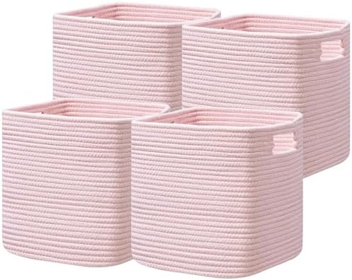 UBBCARE Set of 4 Storage Basket-13 X 13 X 13 in, Cotton Rope Basket for Shelves, Toys, Book, Cube Storage Bins with Handles, Woven Storage Basket for Organizing, Pink by UBBCARE