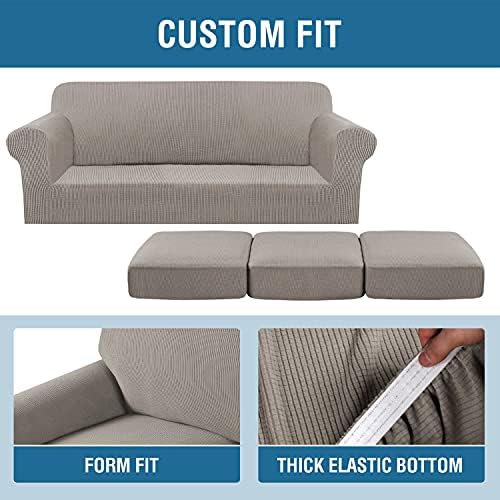 H.VERSAILTEX 4 Piece Stretch Sofa Covers for 3 Cushion Couch Covers for Living Room Furniture Slipcovers (Base Cover Plus 3 Seat Cushion Covers) Upgraded Thicker Jacquard Fabric (Sofa, Taupe) - Image 4