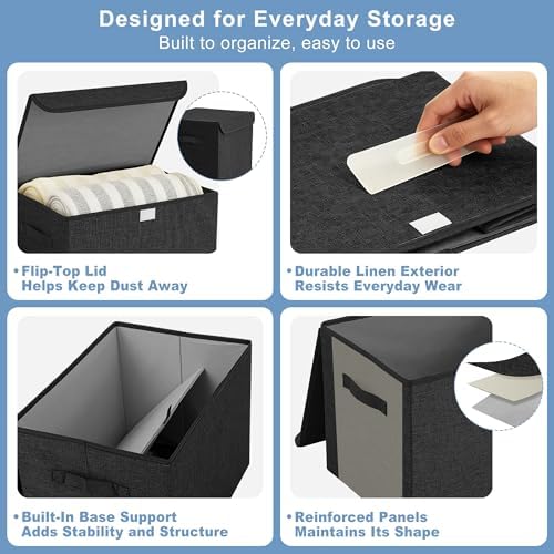 Bagnizer Large 22 Quart Linen Fabric Foldable Storage Bin Cube Organizer Basket with Flip-Top Lid & Handles, Clothes Blanket Box for Home, Office, Closet, Black, 4 Pack 14.6 x 9.5 x 9.5” - Image 6