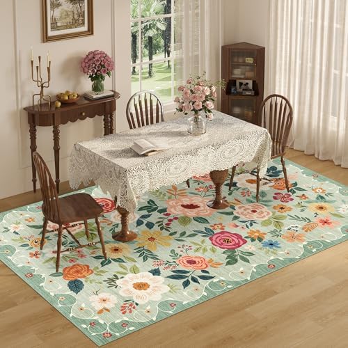 DUKINO 5x8 Area Rug for Bedroom, Floral Washable Rug Non Slip, Green - Image 5