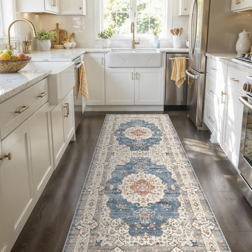 2x5 Runner Rug Washable Vintage: Non Slip Long Kitchen Runners Blue/Beige by Ksrau