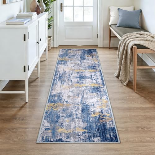 RELEANY Washable Runner 3'x7' Abstract Area Rug for Hallway Blue Gold - Image 2