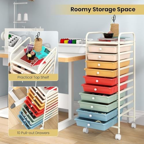 10-Drawer Rolling Storage Cart, Trolley w/Lockable 360° Wheels, 10 Removable PP Drawers, Sturdy Metal Frame, Rolling Utility Cart Perfect for Home, Office, Classroom (Macaron) - Image 3