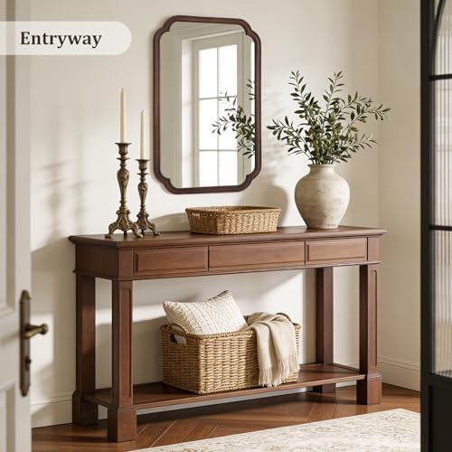 WallBeyond Wood Bathroom Mirror for Wall Mounted with Rounded Corner Wood Frame for Entryway, Living Room or Bedroom Home Decor Vertical or Horizontal Hanging [24" x 36" Walnut Color] - Image 4