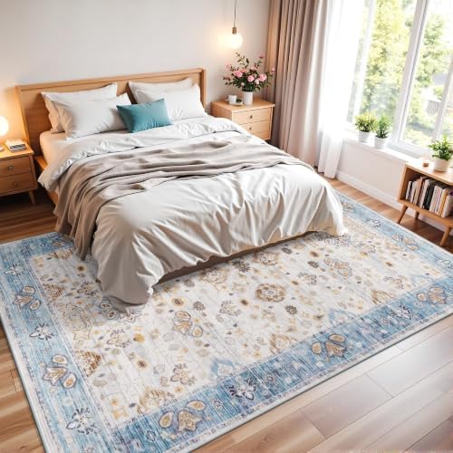 Hanples 5x8 Area Rugs for Living Room, Washable Rug Vintage Floral, Blue - Image 4