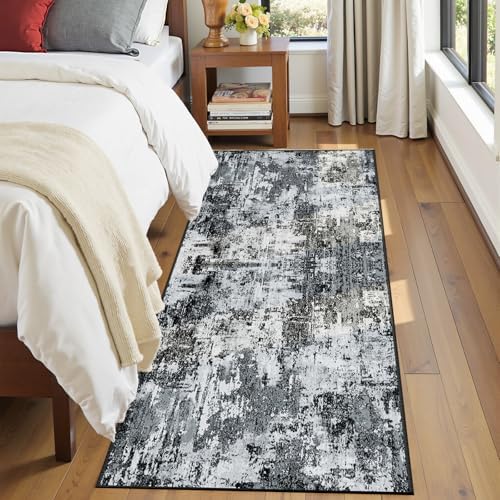 RELEANY Washable Runner 2'x8' Abstract Area Rug for Hallway Black White - Image 5