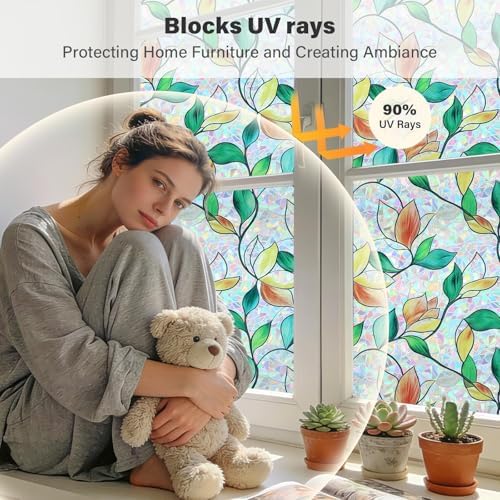 Finnez Window Privacy Film, Stained Glass Rainbow, Leaf, 35.4" x 78.7" - Image 3