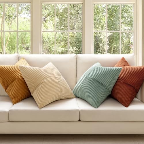 MIULEE Fall Teal Orange Decorative Throw Pillow Covers 18x18 Inch Set of 4 Boho Corduroy Striped Cushion Cases Modern Farmhouse Patchwork Pillow Cases for Couch Sofa Bedroom Home Decor - Image 5