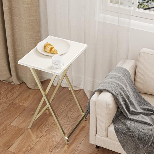 Acovy Foldable TV Trays, Small Folding Table, TV Trays Set of 2, TV Dinner Tray, Side Table for Bed, Couch, Portable Easy to Move, White & Gold - Image 2