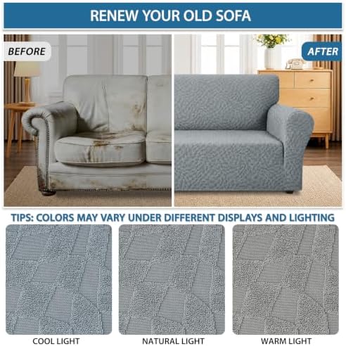ZNSAYOTX 1 Piece Stretch Sofa Covers for 3 Cushion Couch (72"-90"), New Plaid Couch Cover with Non-Slip Buckle for Dog Pets, Ultimate Soft Cozy Washable Sofa Slipcover Form Fit Protector, Light Grey - Image 5