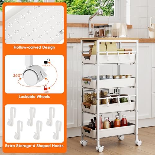 5-Tier Slim Storage Cart, Wooden Top Rolling Kitchen Cart with Pull-Out Baskets & Wheels, Narrow Space Utility Cart Slide Out Organizer for Kitchen, Bathroom, Laundry Room, White - Image 6