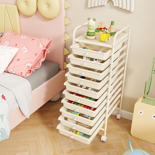 10-Drawer Rolling Storage Cart, Trolley w/Lockable 360° Wheels, 10 Removable PP Drawers, Sturdy Metal Frame, Rolling Utility Cart Perfect for Home, Office, Classroom (Ivory) - Image 2