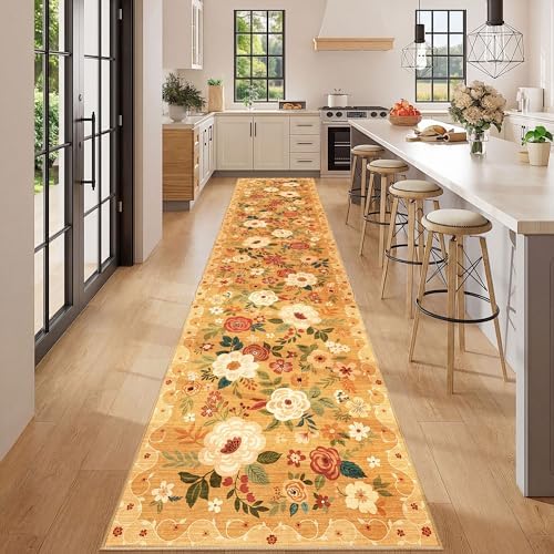 DUKINO 2.6x12 Kitchen Runner Rug, Floral Non Slip Long Washable Rug, Orange - Image 3