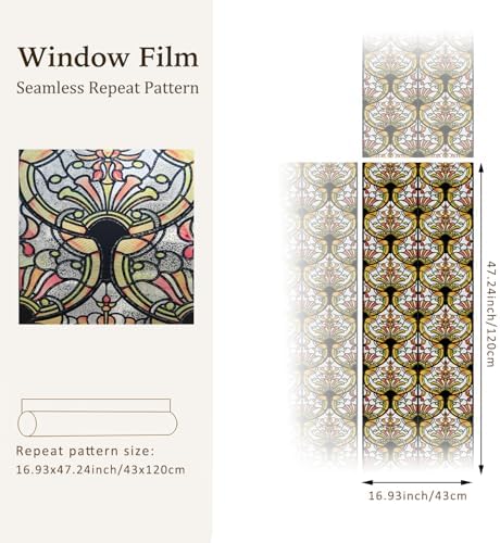 3D Vintage Stained Glass Window Film with Tools, Decorative Window Privacy Film for Room/Door/Home Decor, Amber Tracery, 16.93’’X47.24’’(43X120CM) - Image 4