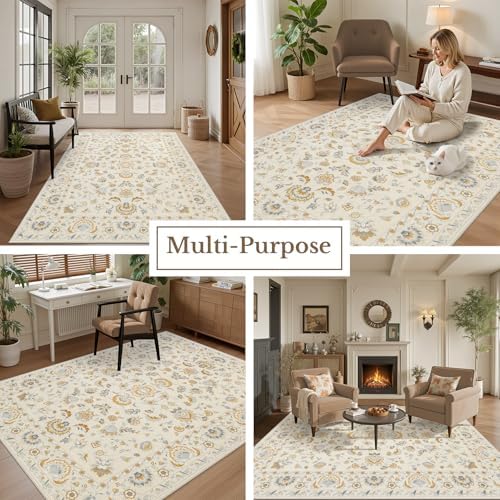 Area Rug 9x12 Living Room: Soft Floral Washable Boho Carpet Beige - Image 5