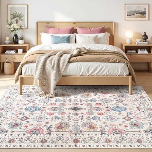 Hanples 5x7 Area Rugs for Living Room, Washable Rug Vintage Floral, Beige - Image 2
