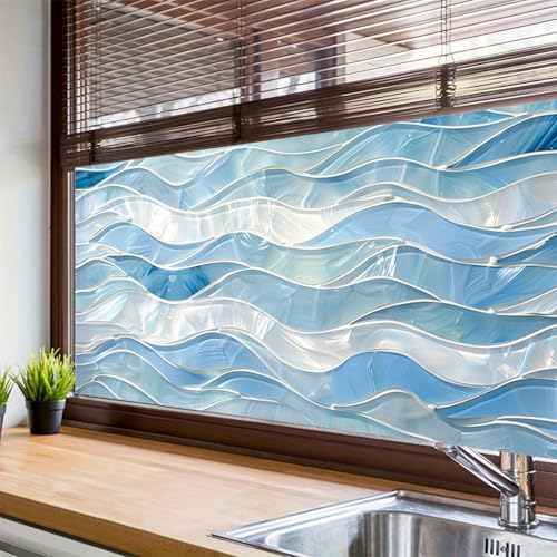 HOMETITUTE Blue Wave Mosaic Privacy Window Film 39.3x17.7 Inch PVC - Image 5