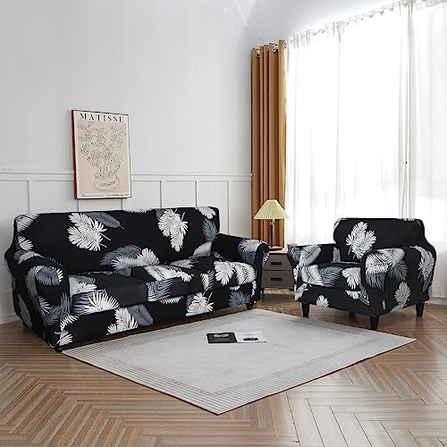 SearchI Stretch Sofa Cover Printed Couch Cover, Floral Pattern 4 Pieces Sofa Slipcover with 3 Separate Cushion Cover, Washable Furniture Protector for Living Room(Sofa, Black+Palm Leaves) - Image 5