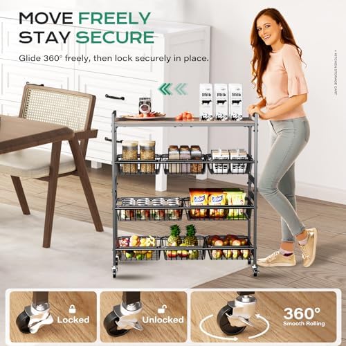 Cinati 4-Tier Utility Kitchen Cart with Wood Top, 29" W Kitchen Storage Cart with 8 Baskets & Handle, Metal Snack Cart with Wheels, Adjustable Pantry Organizer and Storage Cart for Fruit, Vegetables - Image 5