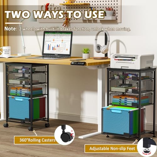 Sbanmao 4 Drawers Rolling Storage Cart, 1 Large Drawer (11.22"D x 12.2"W x 9.84"H) & 3 Small Drawers, Rolling Storage Cart with Lockable Wheels, Craft Storage Cart for Bedroom, Office, Black - Image 4