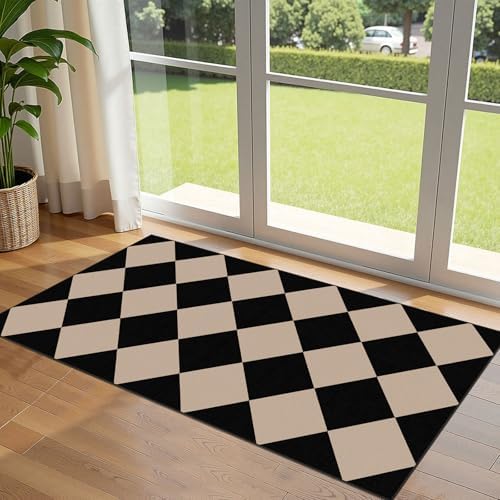Front Door Mat Indoor Entrance - 2x4.3 Ft Black Tan Checkered Rug by Othilic