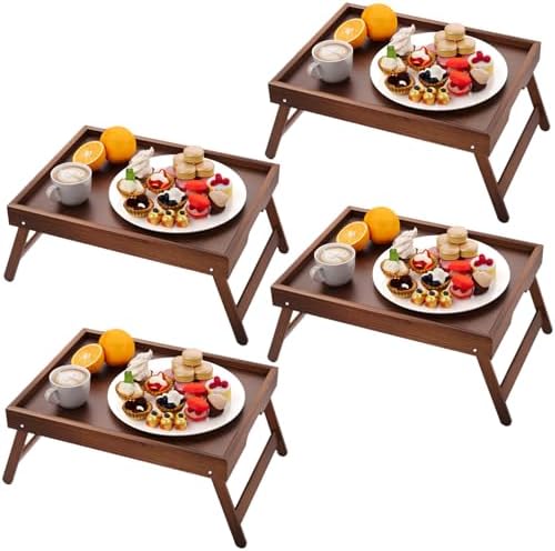 Fibogollo 4 Pack Bamboo Bed Tray Table with Folding Legs,Breakfast Trays,Serving Tray for Food and Snack,Laptop Trays for Working(Brown) by Fibogollo