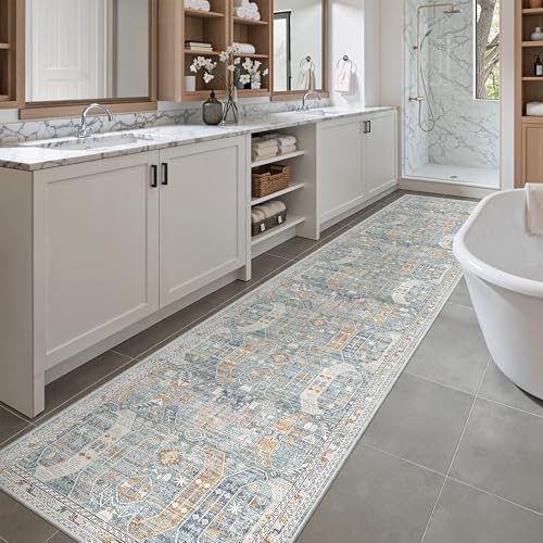 Madane Washable Runner Rugs 2x10 Long for Hallway Kitchen, Blue/Gold by Madane