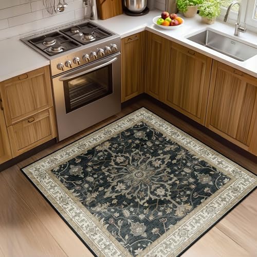 RELEANY Washable Area Rug, Square 4'x4', Black/Vintage/Beige by RELEANY