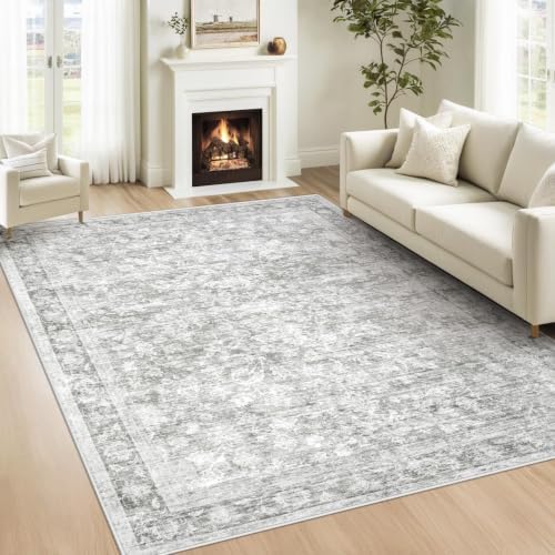 5x7 Area Rugs for Living Room: Washable Vintage Floral Rug Low Pile Non-Slip Boho Carpet for Bedroom Nursery Dining Room (Grey, 5'x7') by LOSBULAKE
