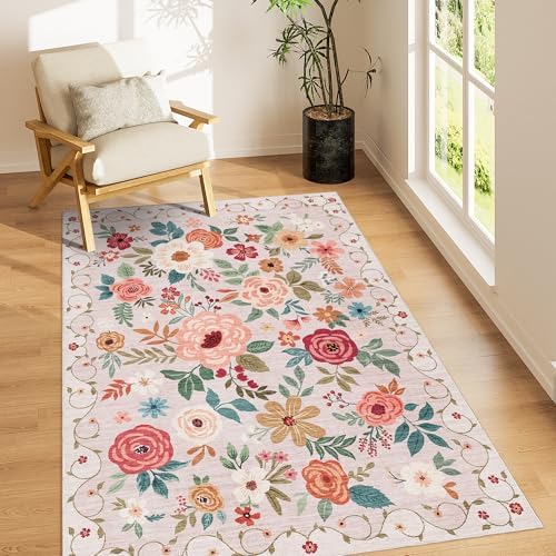 DUKINO 3x5 Area Rug, Floral Washable Rug for Bedroom Non Slip, Beige by DUKINO
