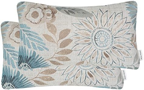 Mika Home Pack of 2 Decorative Oblong Rectangular Throw Pillow Cover Cushion Cases for Chair,Sunflower Pattern,12x20 Inches, Blue Cream by MikaHome