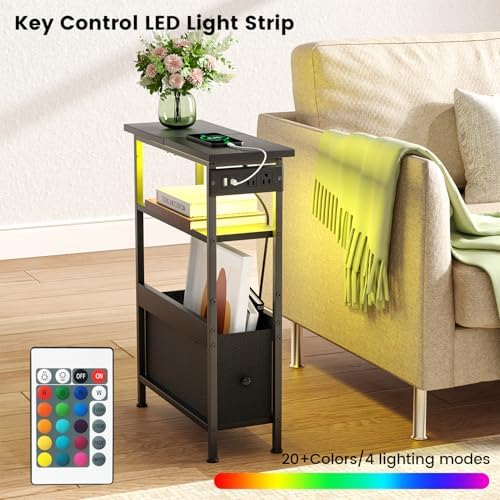 Creso hom Narrow Side Table with Charging Station and LED Light, End Table - Image 4