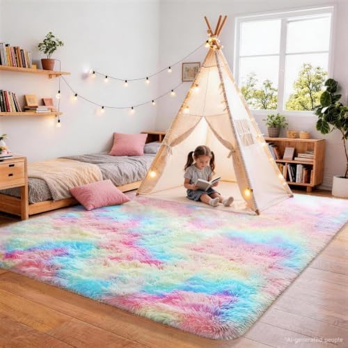 Ophanie Rainbow Colorful Rugs for Living Room 5x8, Unicorn Fluffy Shag Fuzzy Plush Soft Carpets, Floor Shaggy Area Rugs for Bedroom, Carpet for Kids Girls Dorm Nursery Home Decor Aesthetic - Image 5