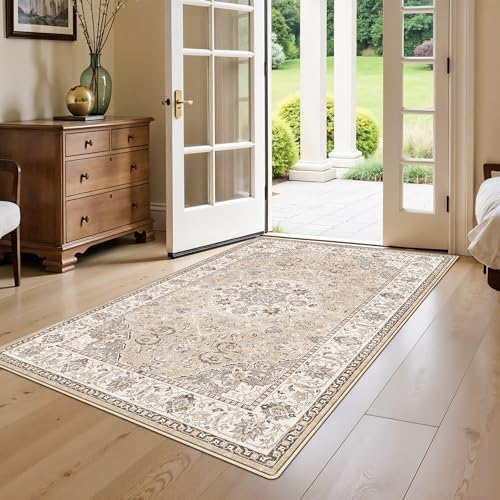 3x5 Living Room Area Rugs: Vintage Washable Non-Slip Rug for Bedroom Dining Room Soft Carpet for Nursery Kitchen Home Office Durable & Easy-Clean Design Perfect for Homes with Cats & Dogs(3x5 Beige) - Image 5