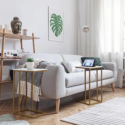 Possile C Shaped End Table Set of 2, Small Side Table for Sofa and Bed, Couch Tables That Slide Under, Snack Side Table for Living Room, Bedroom, White Faux Marble and Gold - Image 4