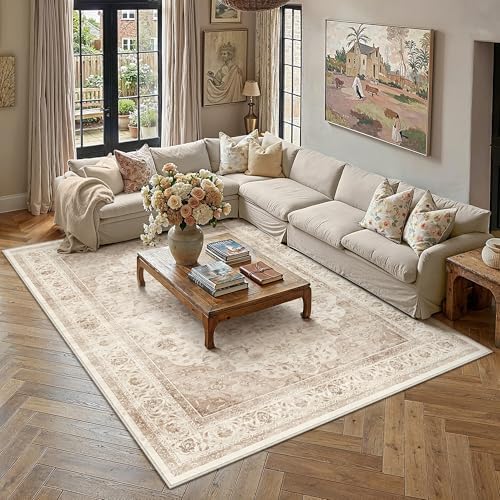 10x12 Beige Washable Area Rug Non Slip Vintage Carpet by WondRg