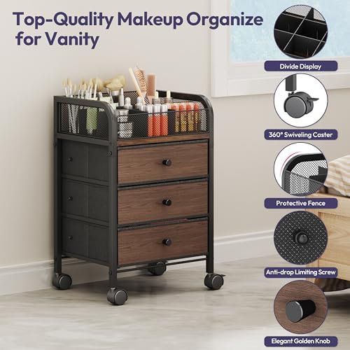 SWTYMIKI Rolling Makeup Organizer Cart - 14.96″*11.81″*23.03″ Widened Under Desk Vanity Storage with 3 Non-woven Drawers, Cosmetic Display Cases for Skin Care Perfume Nail Polish Brush Hair Tool Black - Image 5