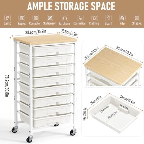 caktraie 8-Drawers Rolling Cart, Craft Storage Utility Cart, Beige White - Image 2