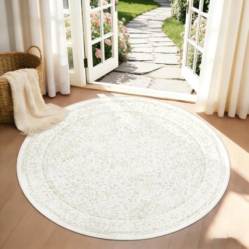 Round Rugs 4ft Vintage Floral Small Circle Rug, Washable Non Slip Soft Low Pile Stain Resistant Carpet for Living Room Bedroom Entryway Dining Room (FloralBeige, 4' Round) by LOSBULAKE