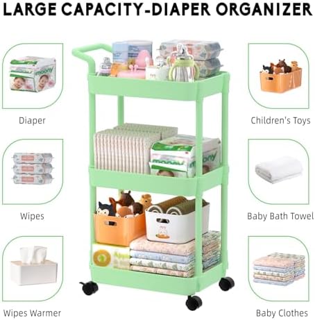 Volnamal Diaper Caddy, 3 Tier Rolling Cart for Baby Essentials, Green - Image 5